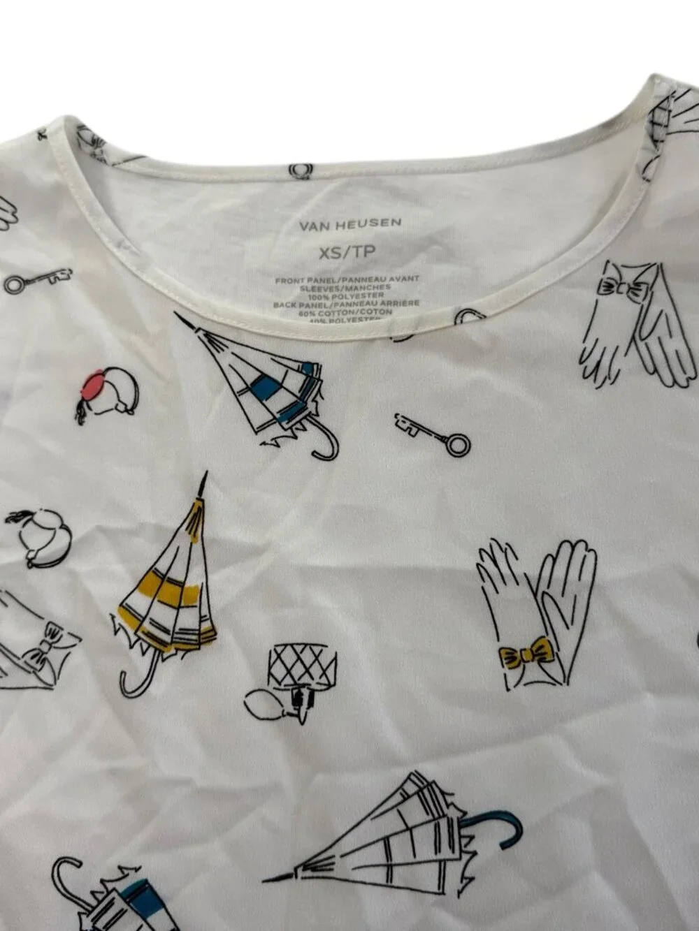 Van Huesen Shirt, Short Sleeve, XS, White, Umbrella / gloves / perfume print